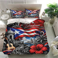 Puerto Rico duvet cover set showcasing tropical island scenery, historic architecture, palm trees, and hibiscus