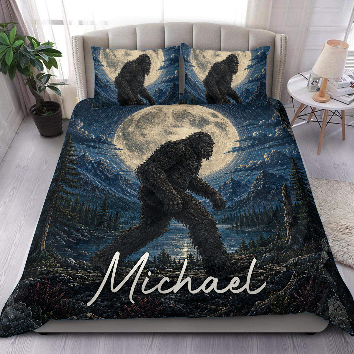 Bigfoot duvet cover set with a moonlit mountain forest scene in deep blue tones