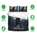 Bigfoot bedding set displayed with matching pillowcases and a dramatic forest landscape design