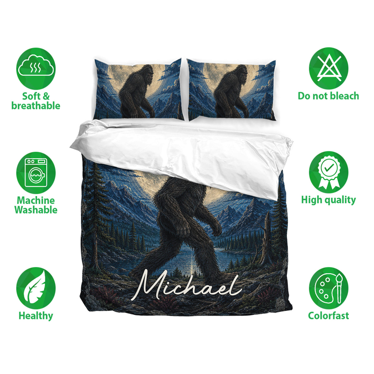 Bigfoot bedding set displayed with matching pillowcases and a dramatic forest landscape design
