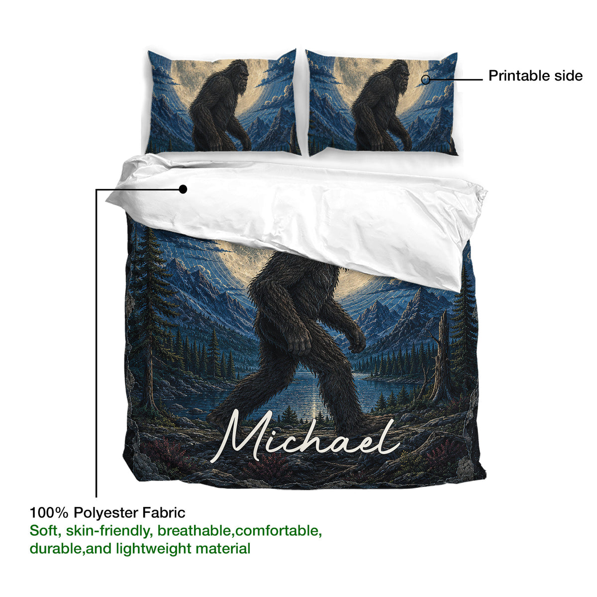Bigfoot duvet cover set showing the printable artwork and soft polyester fabric callout