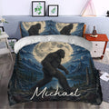 Bigfoot duvet cover styled in a bedroom with moonlit mountains, pine trees, and a lake scene