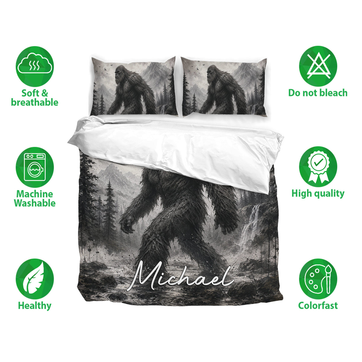 Bigfoot bedding set with grayscale mountain artwork shown with pillowcases and care feature icons