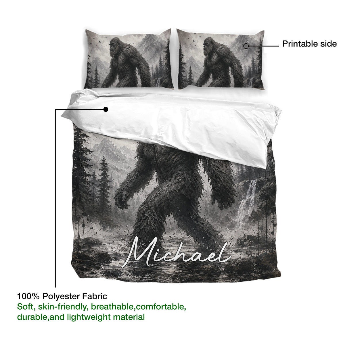 Bigfoot duvet cover bedding set showing mountain forest artwork and the printable side