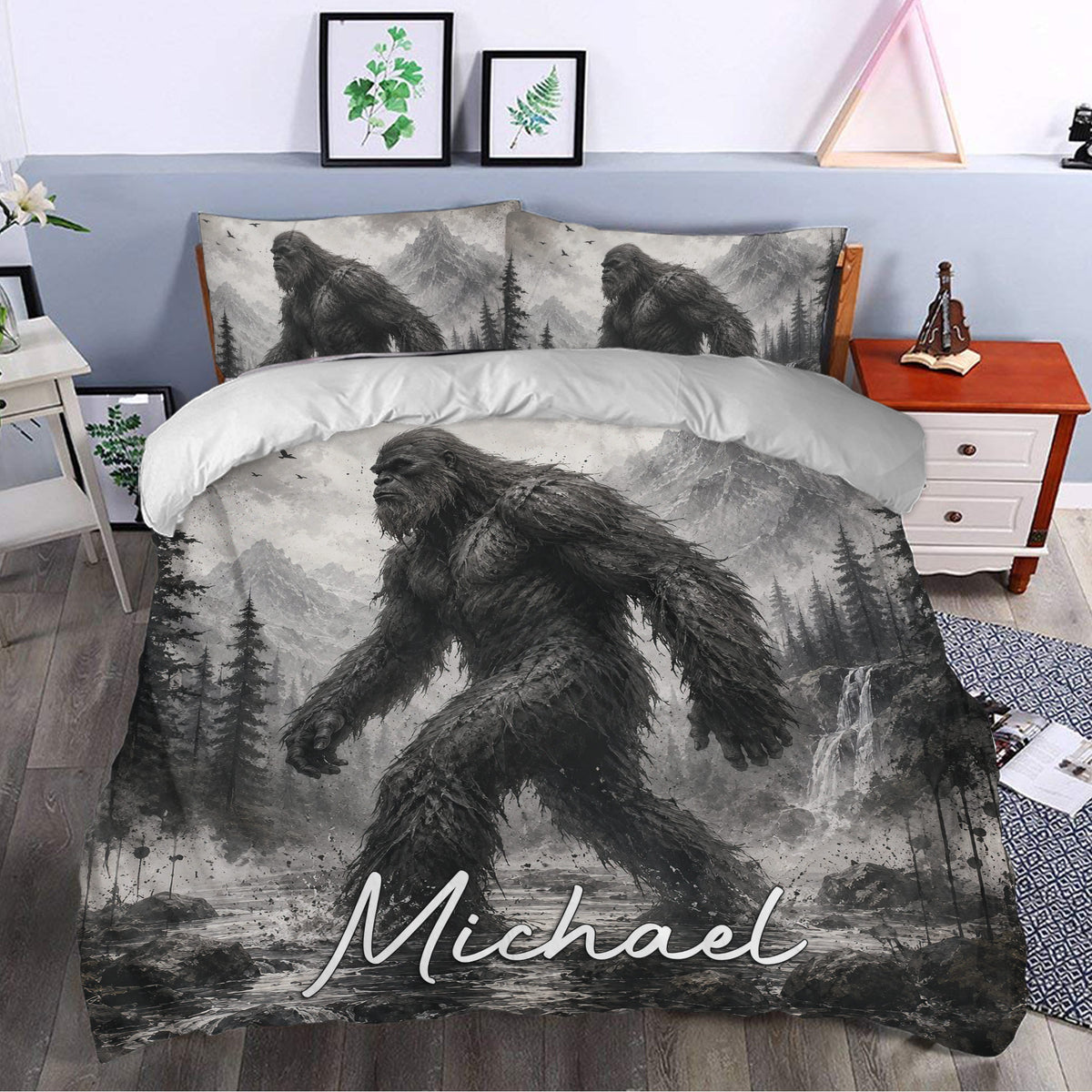 Bigfoot duvet cover styled in a bedroom with dramatic grayscale mountain and forest scenery