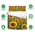 Sunflower bedding set with vivid field artwork, matching pillowcases, and soft breathable fabric icons