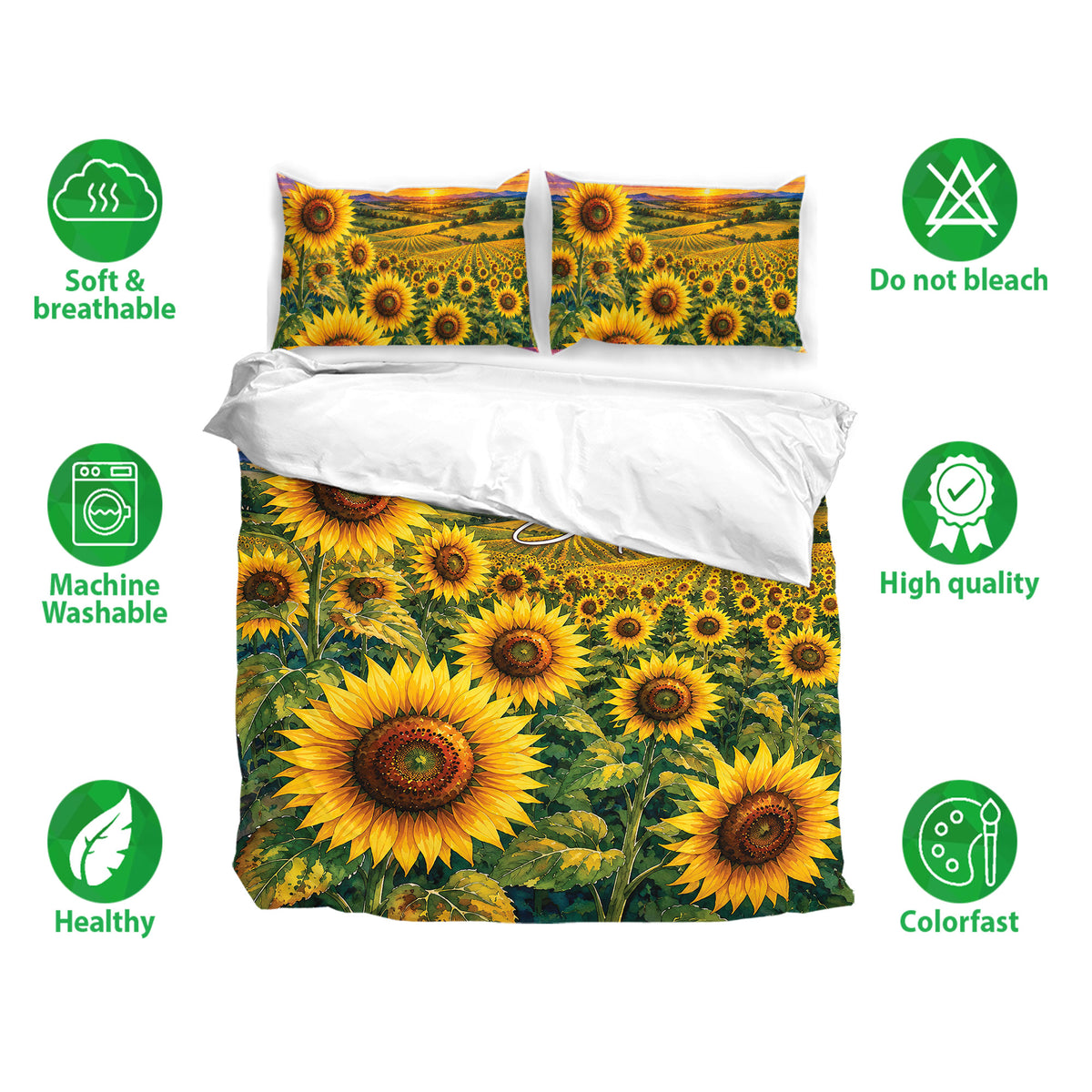 Sunflower bedding set with vivid field artwork, matching pillowcases, and soft breathable fabric icons