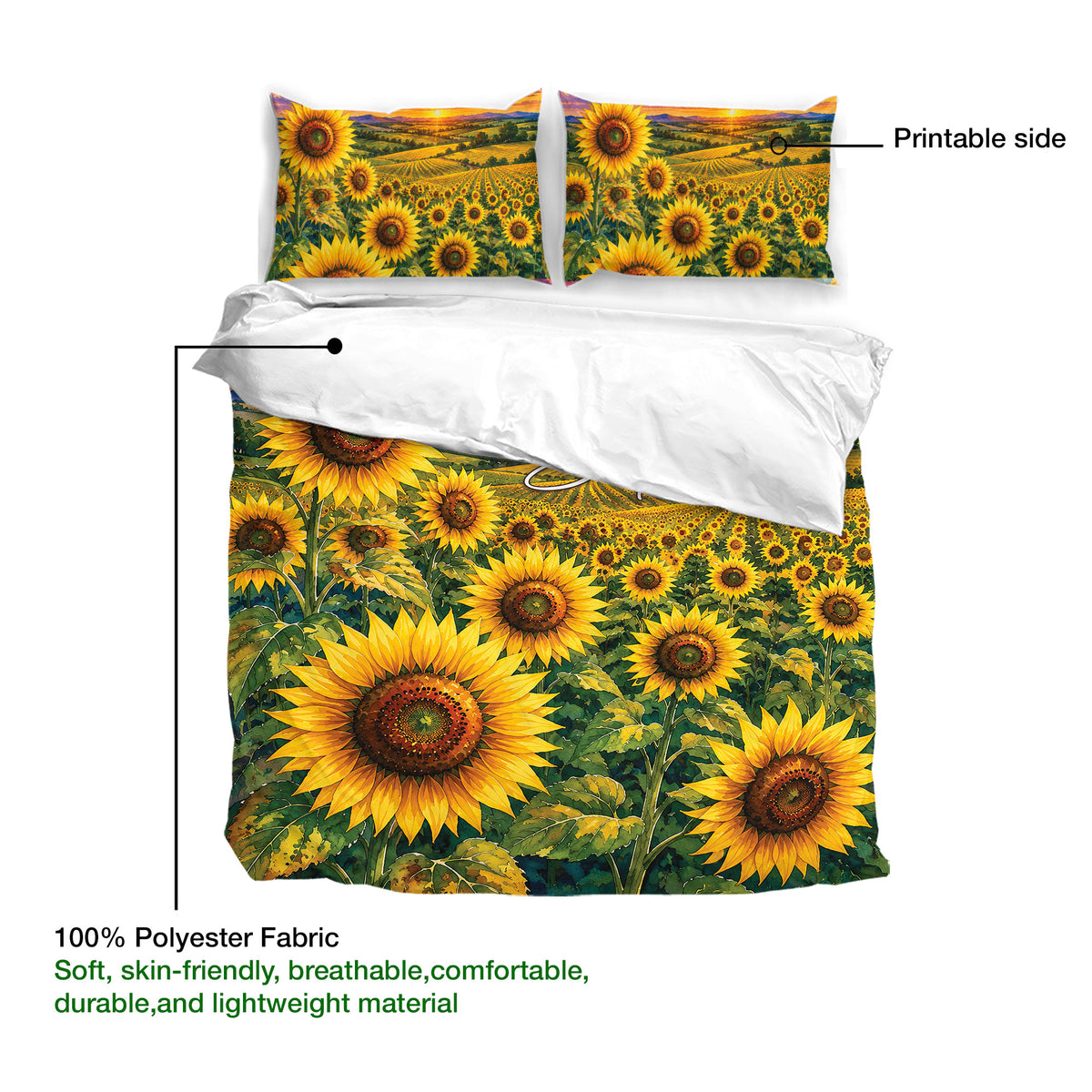 Sunflower duvet cover set showing the printable side and 100% polyester fabric detail