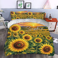 Sunflower duvet cover bedding set styled in a bedroom with colorful floral field artwork