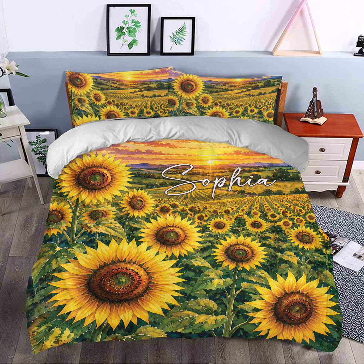 Sunflower duvet cover bedding set styled in a bedroom with colorful floral field artwork