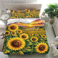 Sunflower bedding set displayed in a bright bedroom with vibrant sunset and flower field design