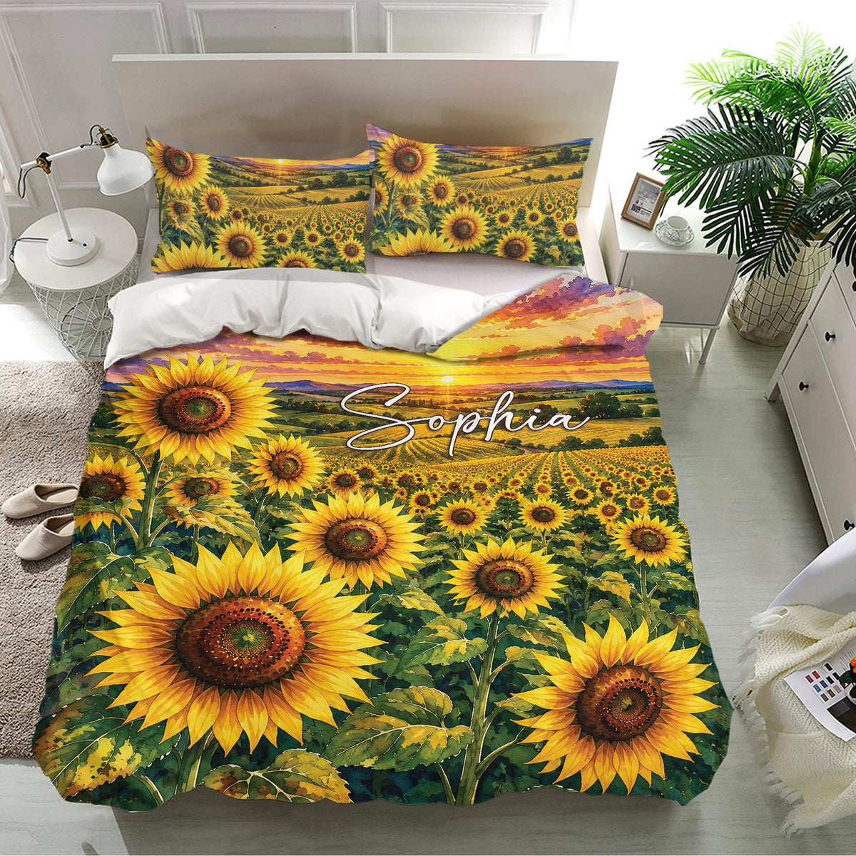 Sunflower bedding set displayed in a bright bedroom with vibrant sunset and flower field design