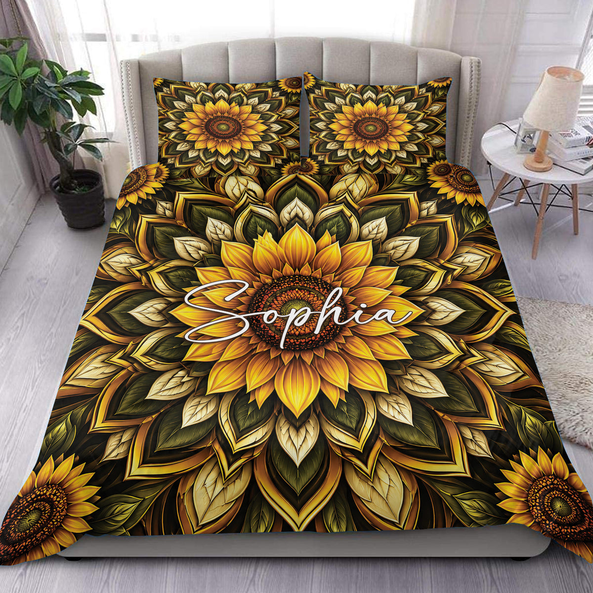 Sunflower duvet cover set displayed on a modern bed with golden floral mandala artwork