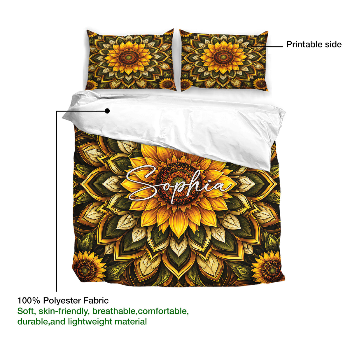 Sunflower duvet cover and pillowcases displayed with a close view of the printable floral artwork