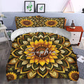 Sunflower duvet cover set styled in a bedroom with dramatic golden blooms and leafy mandala details