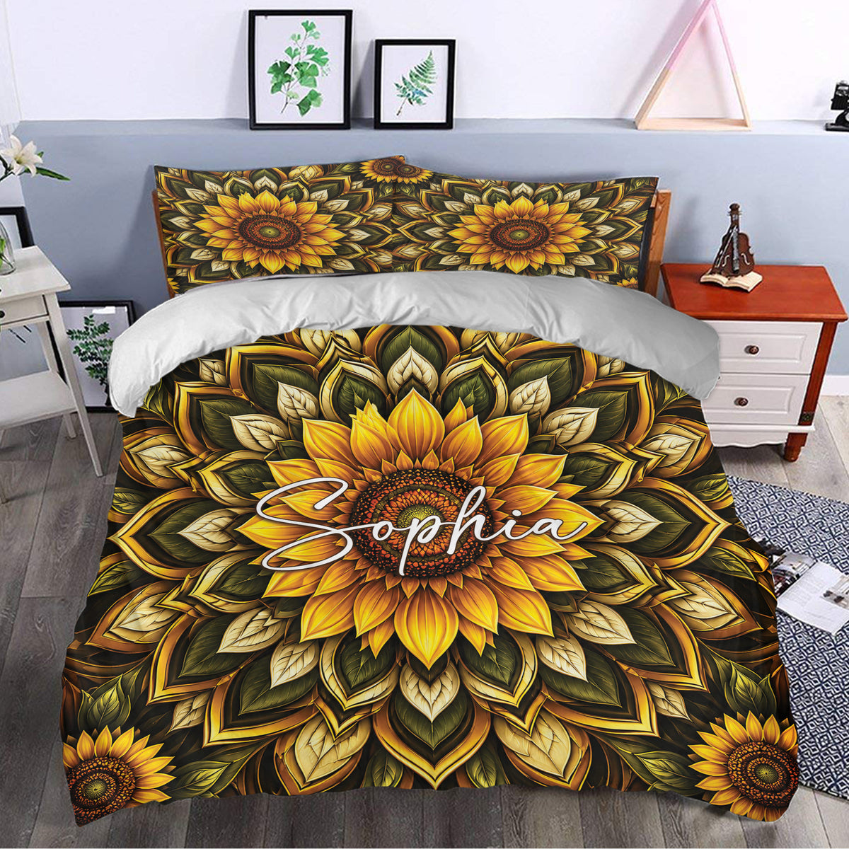 Sunflower duvet cover set styled in a bedroom with dramatic golden blooms and leafy mandala details