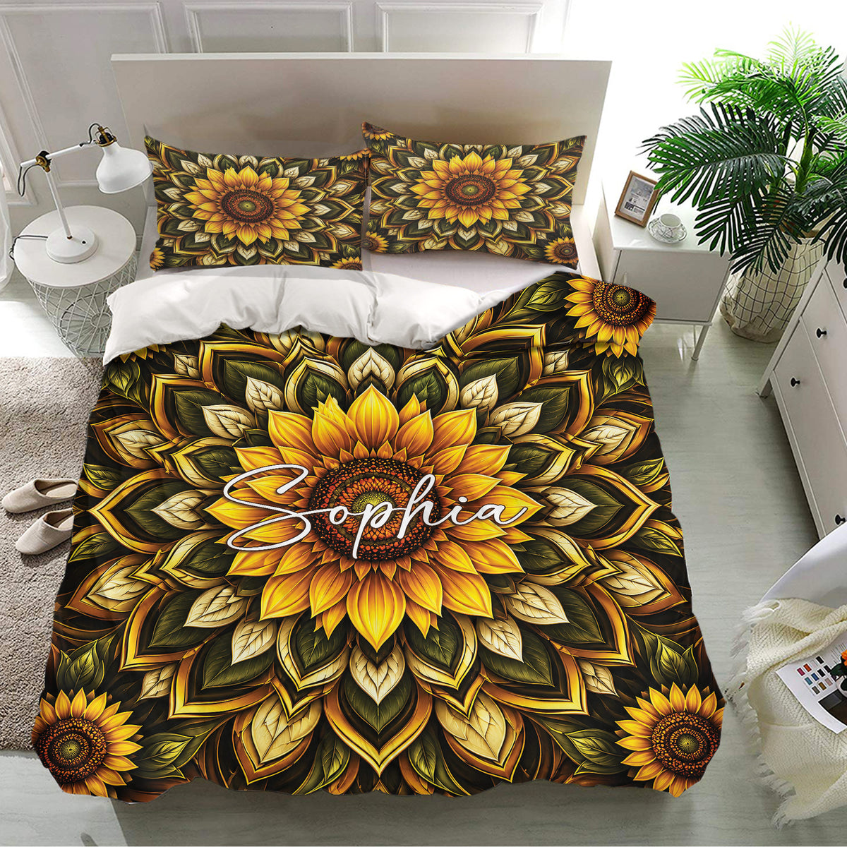 Sunflower bedding set presented in a bright bedroom with matching floral pillowcases and duvet cover