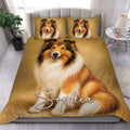 Rough Collie duvet cover set displayed on a bed with warm golden artwork and matching pillowcases