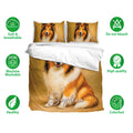 Rough Collie bedding set shown with illustrated dog artwork, breathable fabric icons, and golden tones