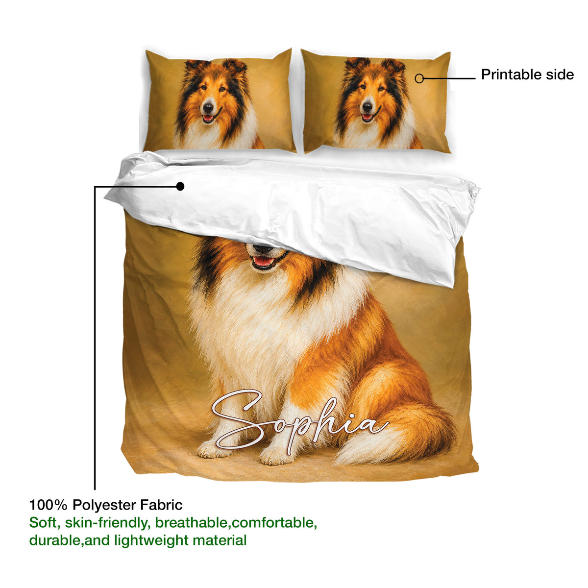 Rough Collie duvet cover set detail showing the printable artwork side and large seated dog design