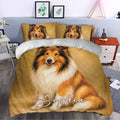 Rough Collie duvet cover styled in a bedroom with golden dog artwork and coordinating pillowcases