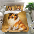 Rough Collie bedding set presented in a bright bedroom with expressive dog portraits and golden decor