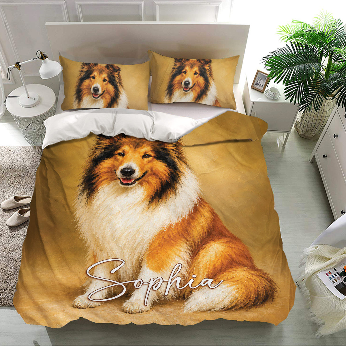 Rough Collie bedding set presented in a bright bedroom with expressive dog portraits and golden decor