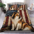 Rough Collie duvet cover set displayed on a bed with a patriotic stars and stripes artwork design