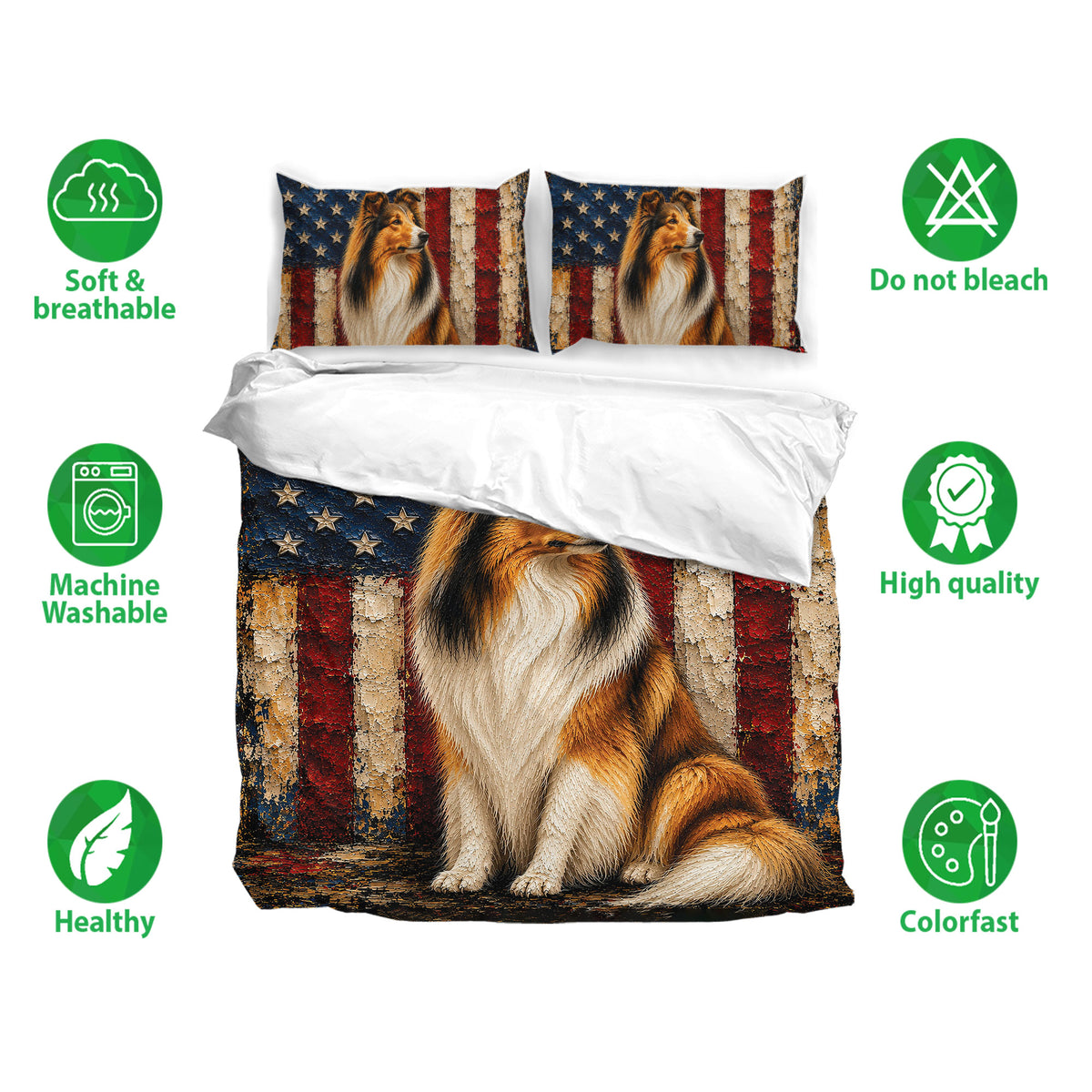 Rough Collie bedding set with matching pillowcases, soft breathable fabric, and patriotic artwork