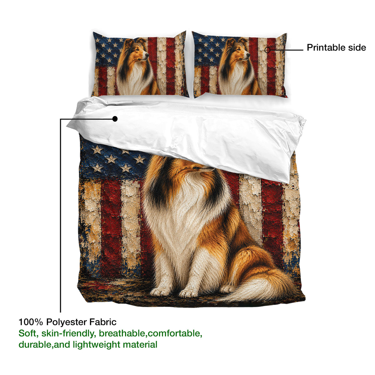 Rough Collie duvet cover set product guide showing printable artwork and lightweight polyester fabric