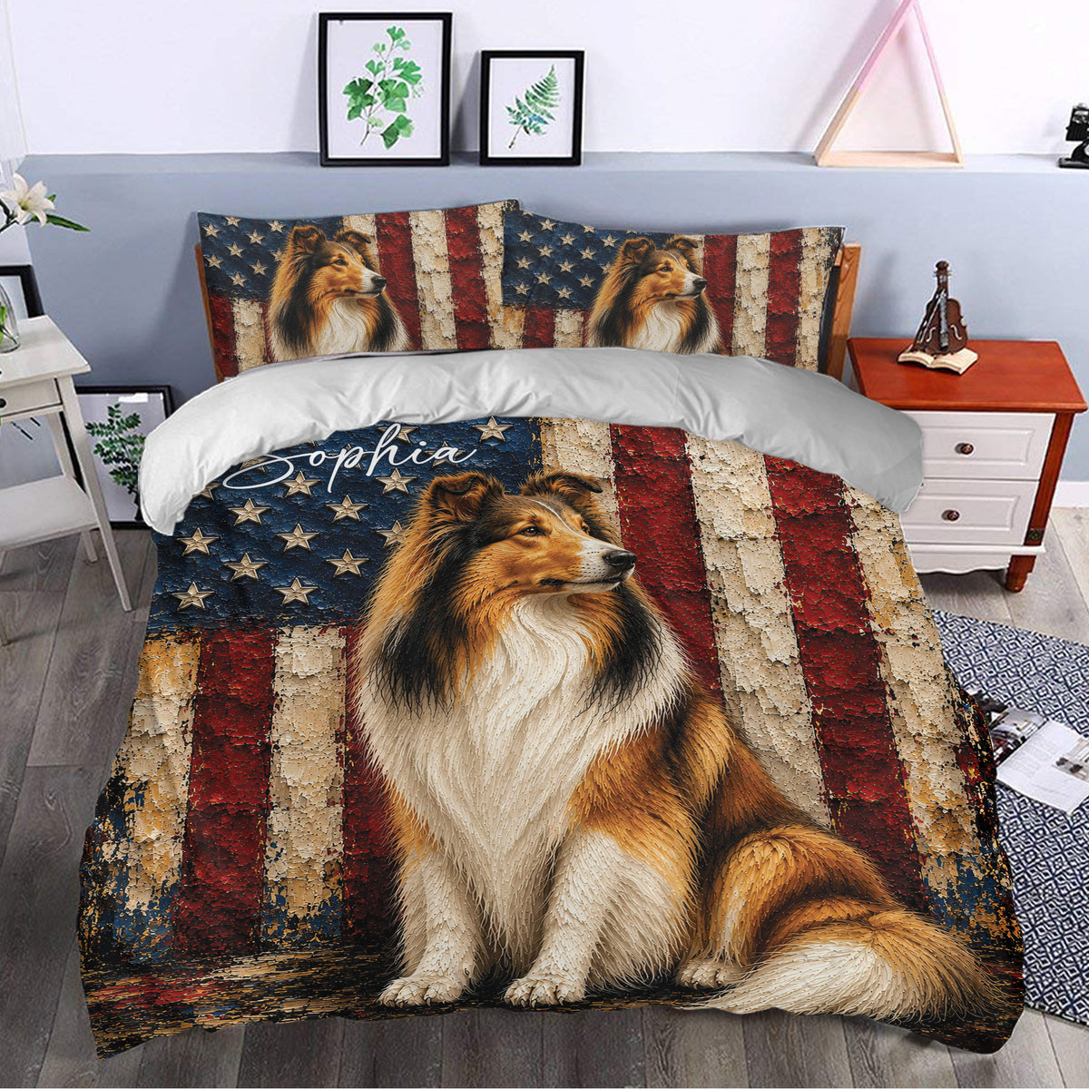 Rough Collie duvet cover bedding set styled in a bedroom with stars and stripes artwork