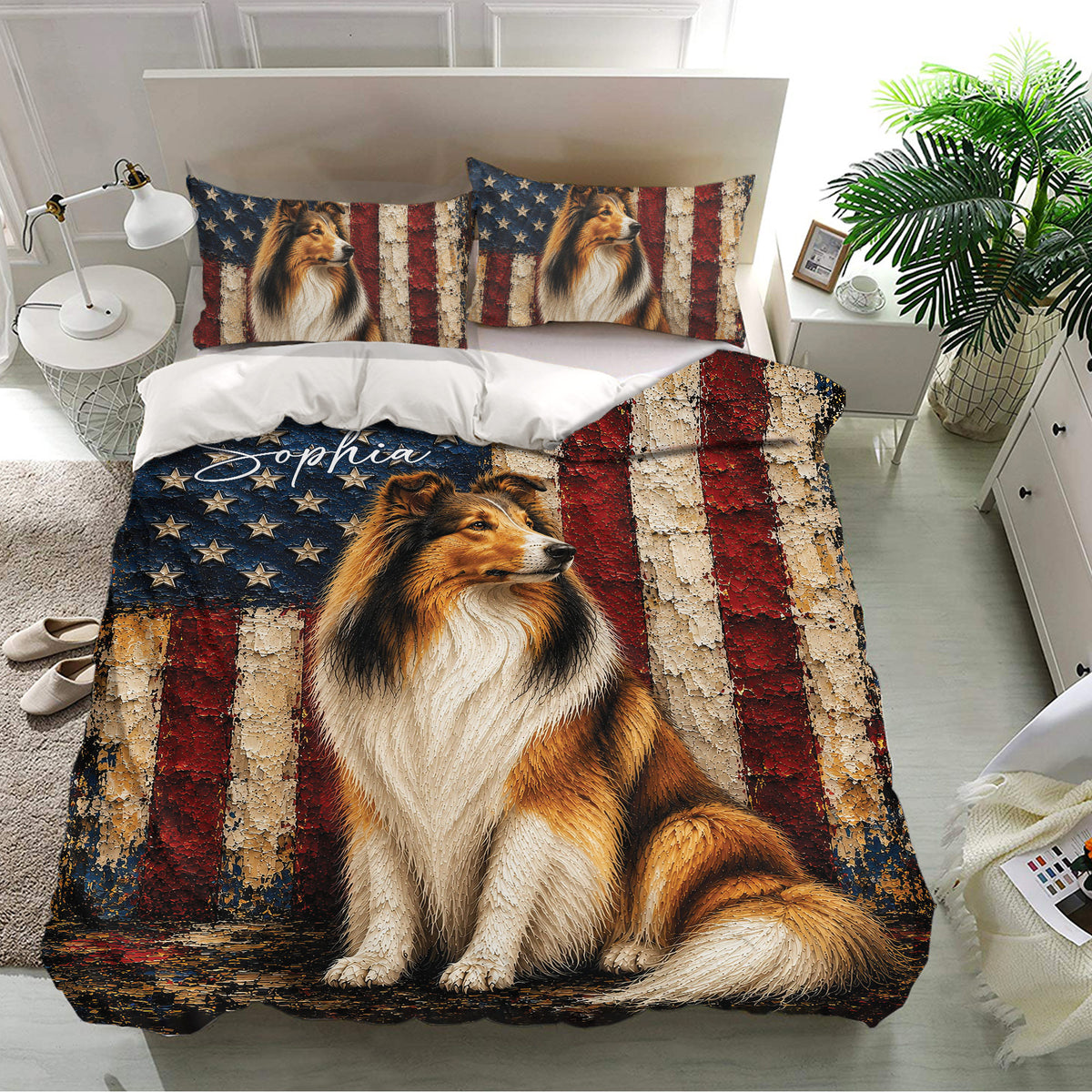 Rough Collie bedding set on a modern bed featuring a detailed dog portrait and patriotic flag design