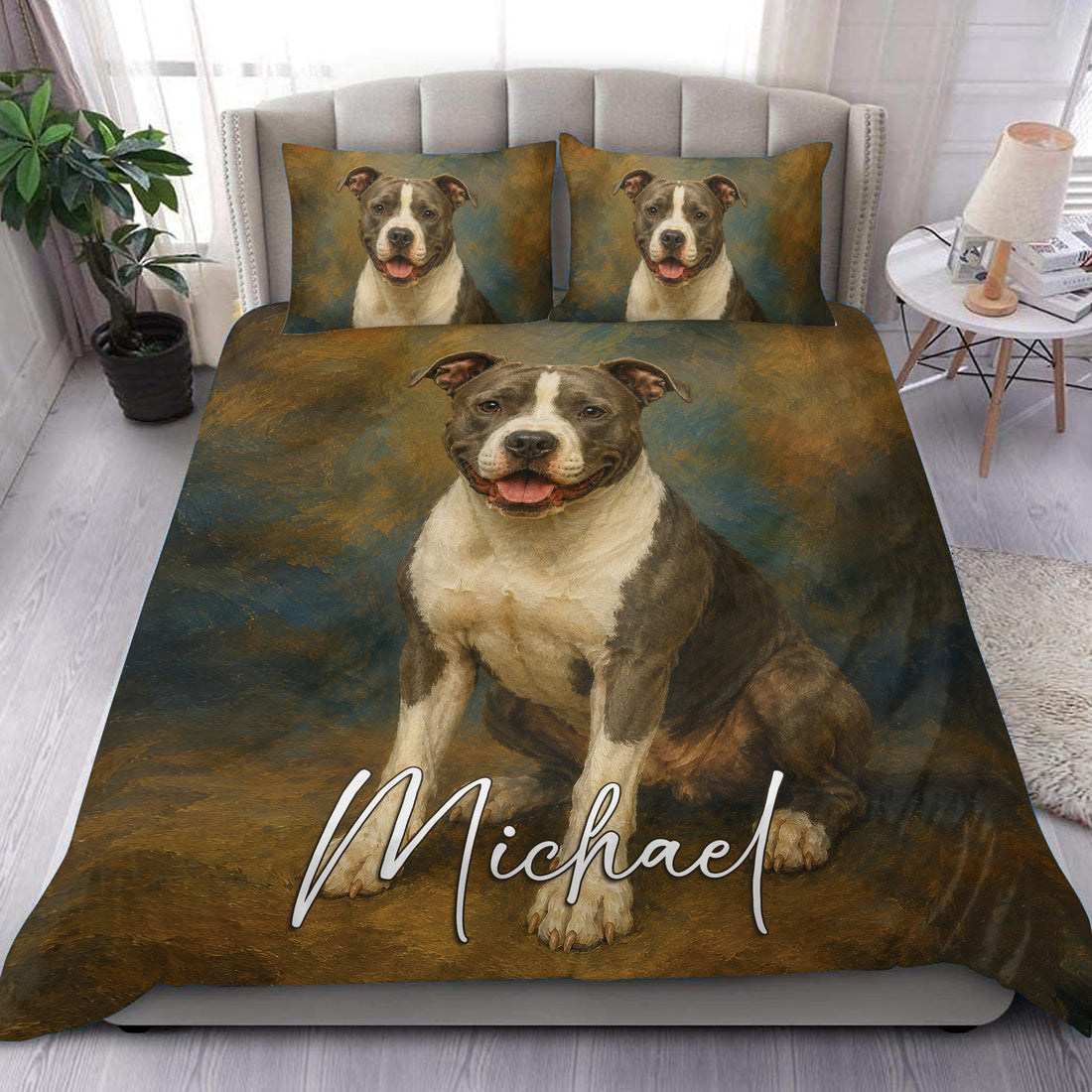 American Staffordshire dog portrait duvet cover set styled on a modern bed with matching pillowcases