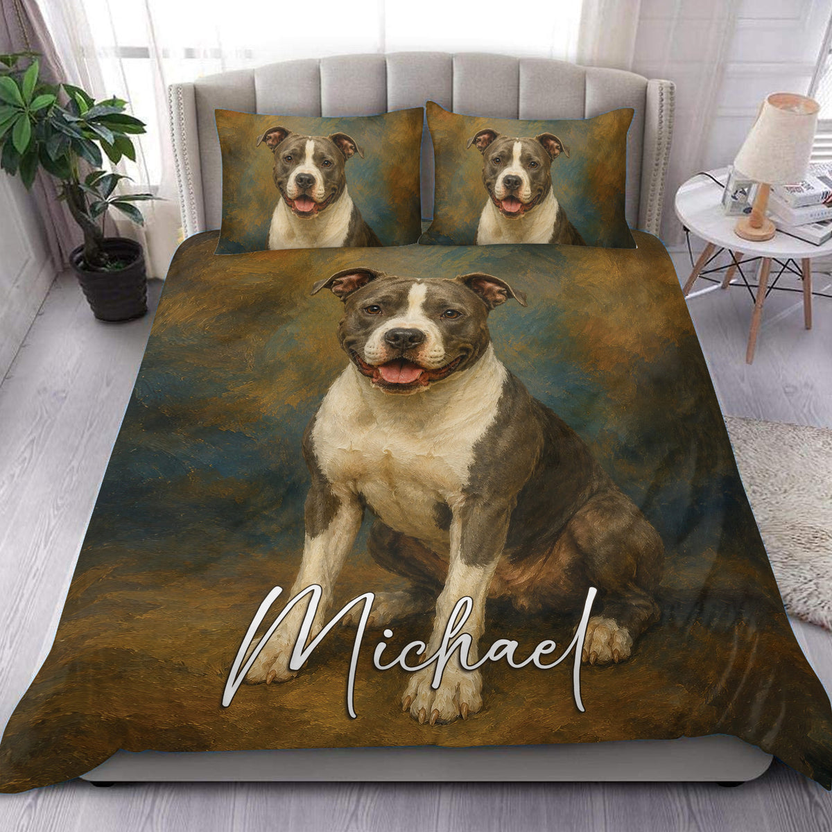 American Staffordshire dog portrait duvet cover set styled on a modern bed with matching pillowcases