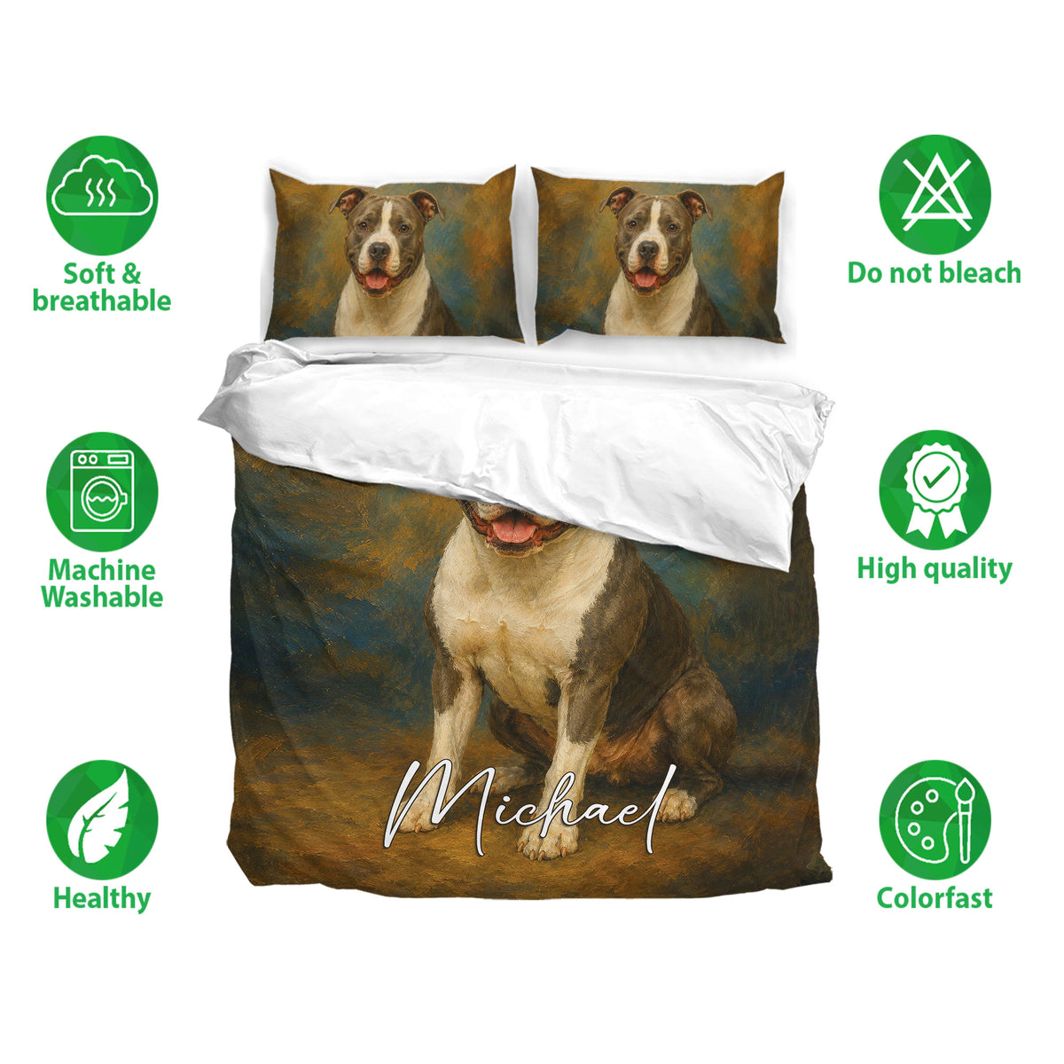 American Staffordshire dog duvet cover bedding set shown with soft breathable fabric and care feature icons