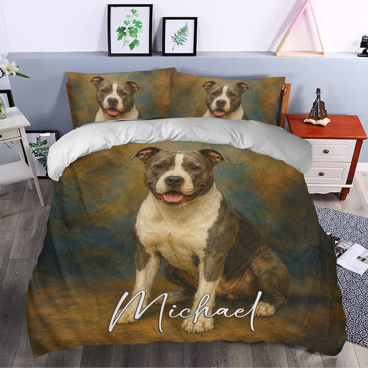 American Staffordshire dog duvet cover bedding set displayed in a bright bedroom with botanical decor