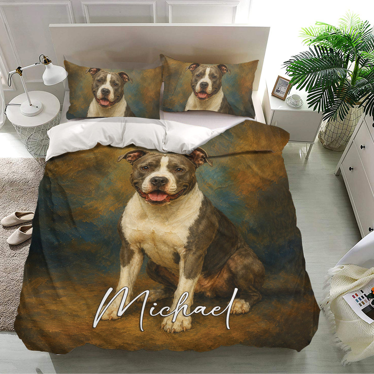 American Staffordshire dog portrait bedding set styled in a bright bedroom with matching pillowcases