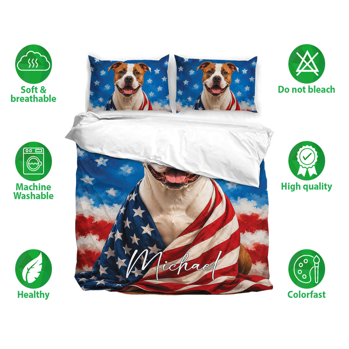 American Staffordshire bedding set displayed with matching pillowcases and a bold blue, red, and white design