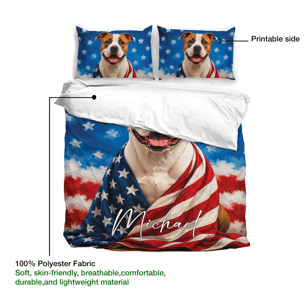 American Staffordshire duvet cover set showing the printed side, matching pillowcases, and patriotic artwork