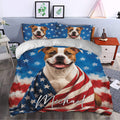 American Staffordshire duvet cover bedding styled in a bedroom with a large smiling dog portrait