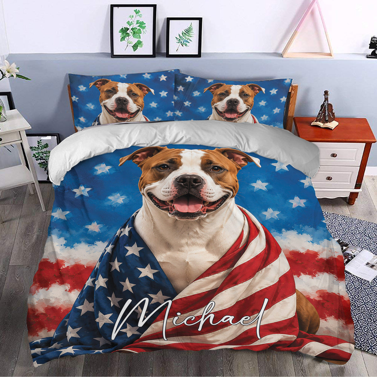 American Staffordshire duvet cover bedding styled in a bedroom with a large smiling dog portrait