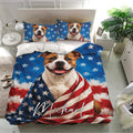 Patriotic American Staffordshire duvet cover set presented in a bright bedroom with matching pillowcases