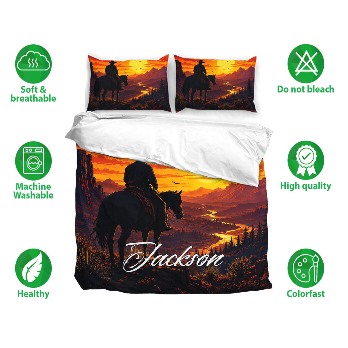 Cowboy duvet cover bedding set shown with matching pillowcases and soft breathable bedding feature icons