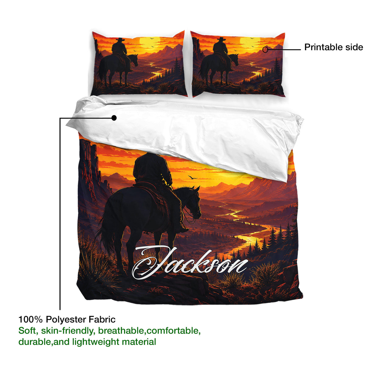 Cowboy duvet cover set product guide showing the printed side and western rider artwork on polyester fabric