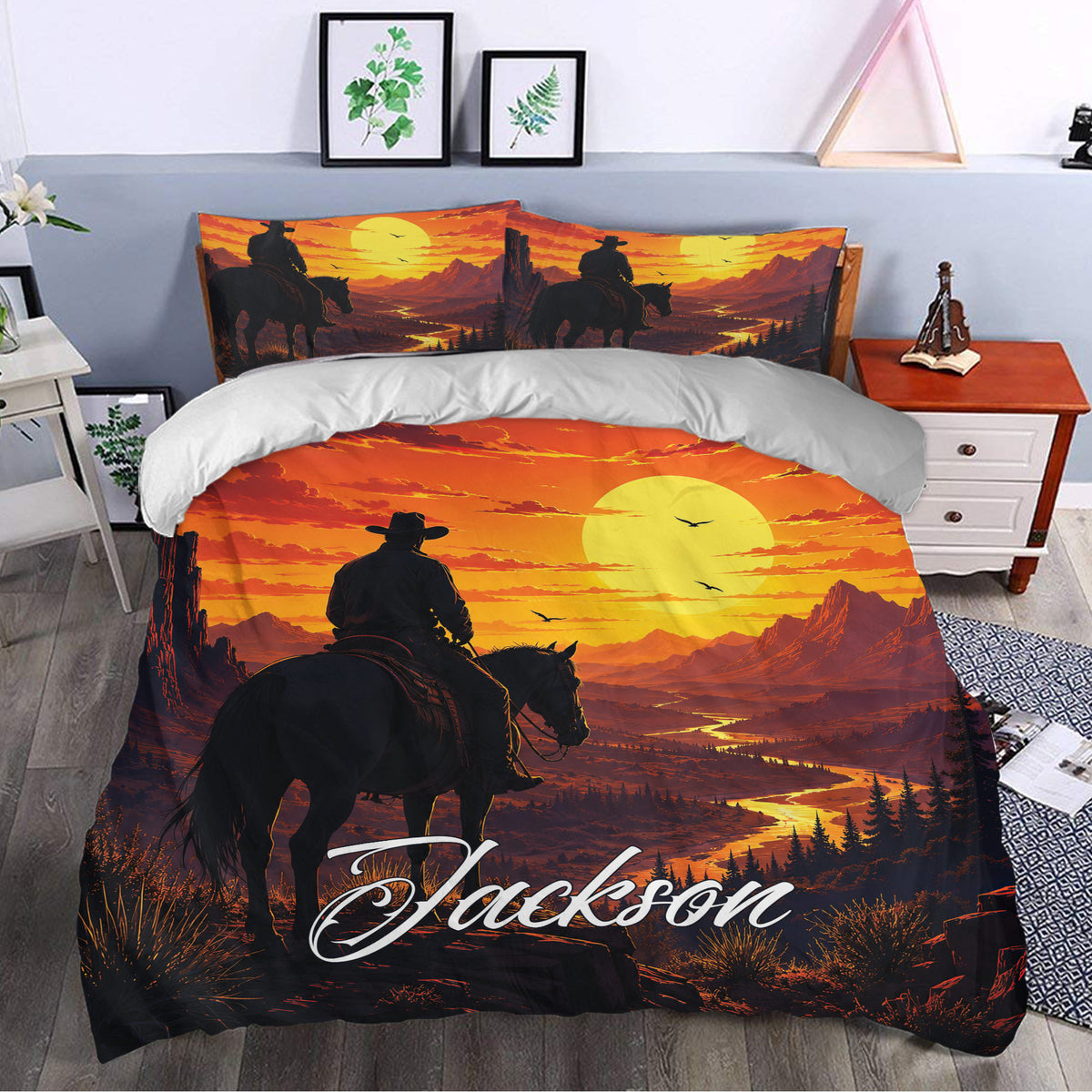 Cowboy duvet cover styled in a bedroom with a sunset mountain landscape, rider, horse, and matching pillows