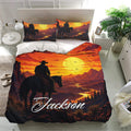Western cowboy duvet cover bedding set displayed in a bright bedroom with matching pillowcases and sunset artwork
