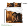 Cowboy bedding set detail showing western boot artwork, wood-plank print, pillowcases, and printable fabric side