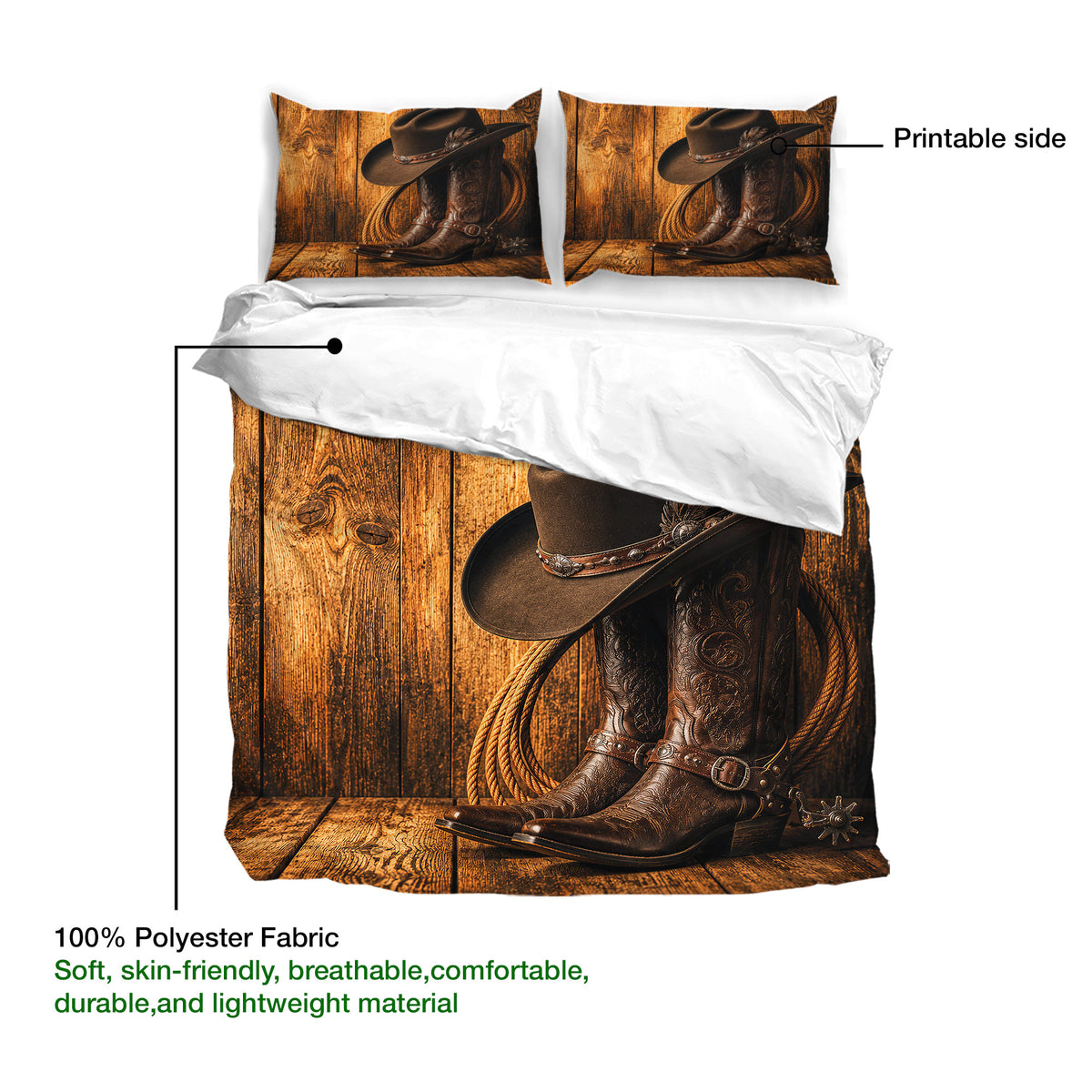 Cowboy bedding set detail showing western boot artwork, wood-plank print, pillowcases, and printable fabric side