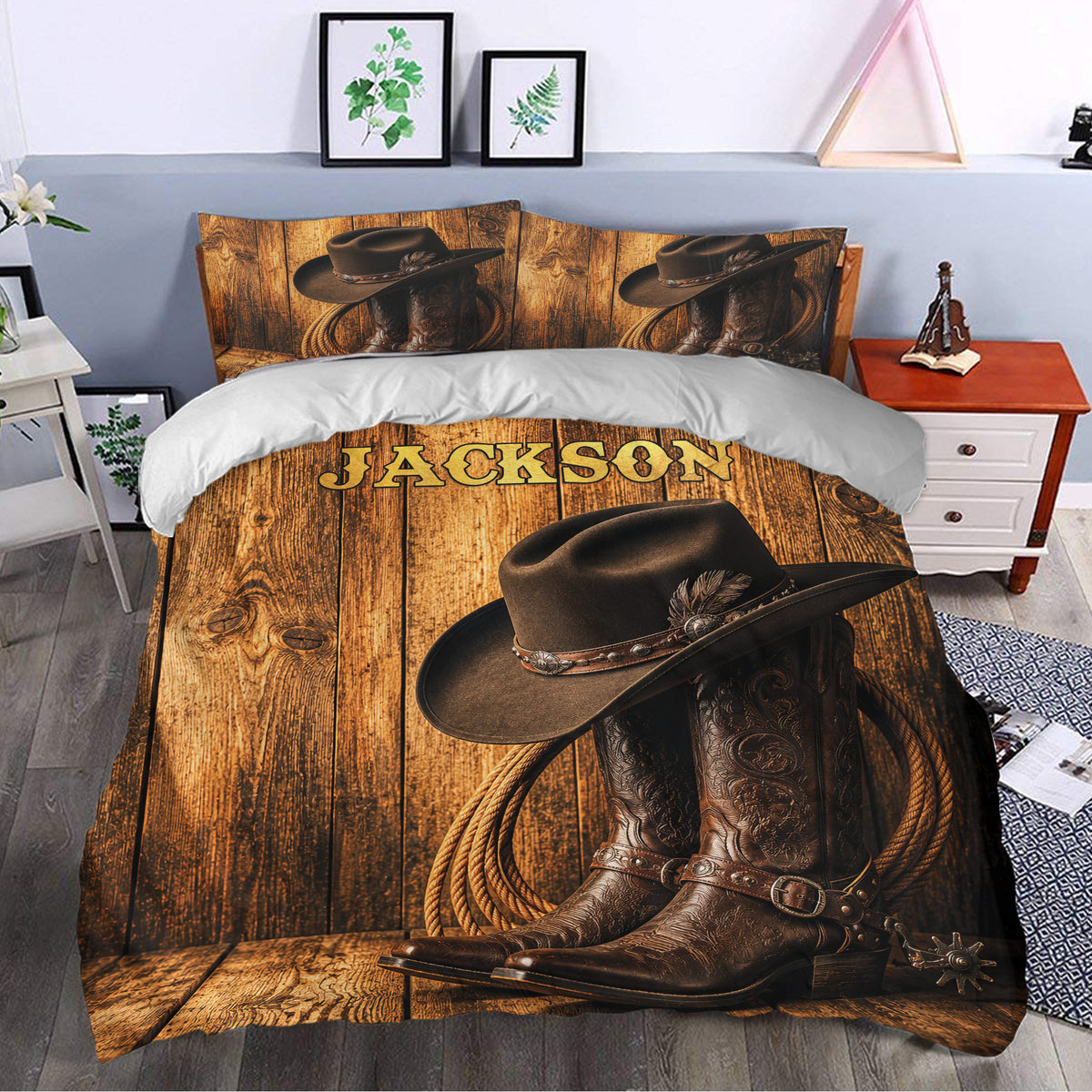 Cowboy duvet cover set styled in a bedroom with western boots, cowboy hat, rope, and rustic brown wood artwork