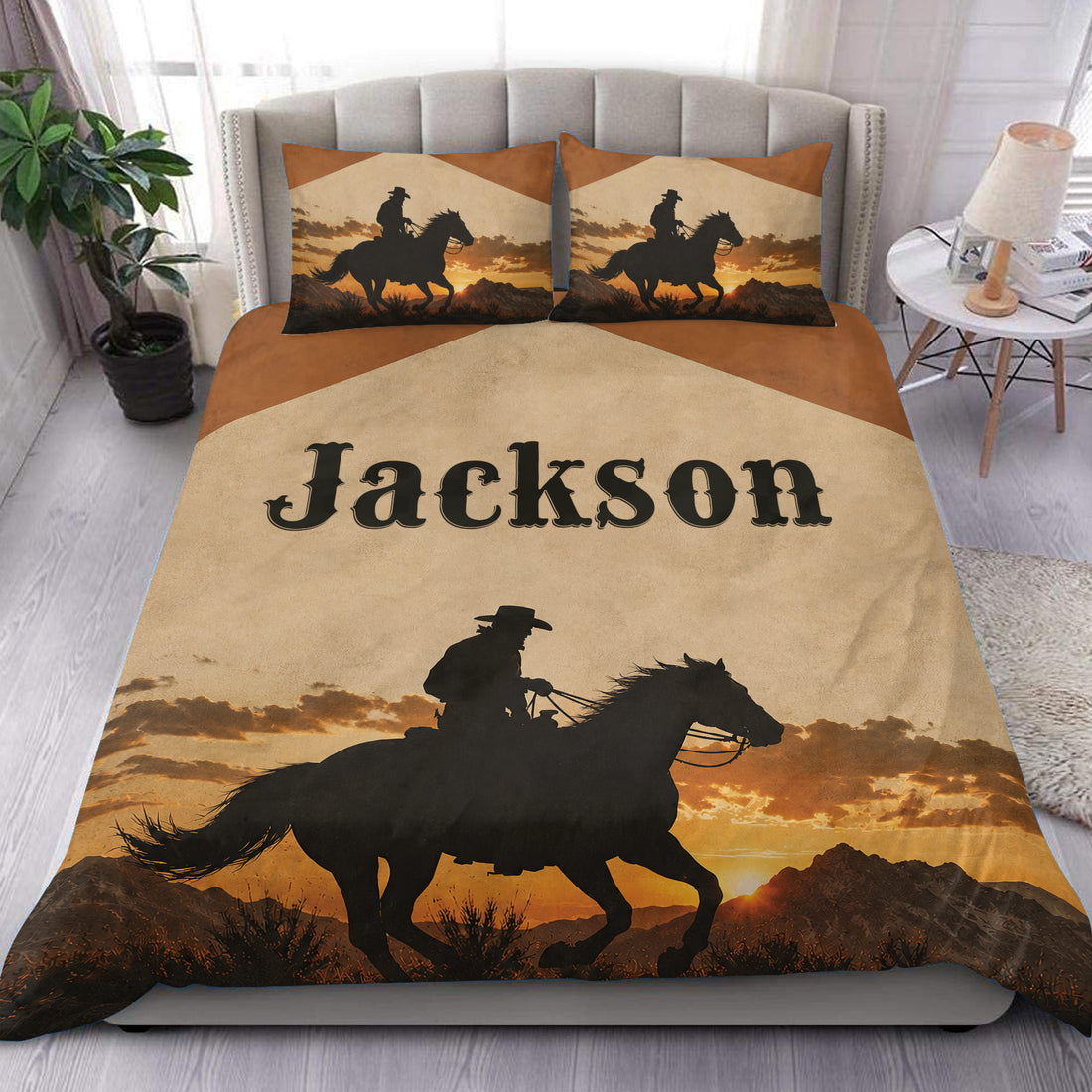 Cowboy duvet cover set with horseback rider silhouette, western sunset, and coordinated pillowcases